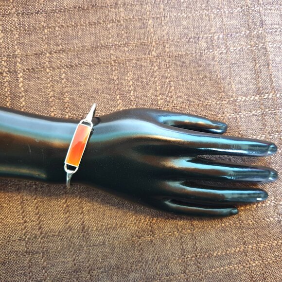 Rare Vintage Mexico 925 Sterling Silver Carnelian Enamel Bangle Bracelet - Picture 9 of 11